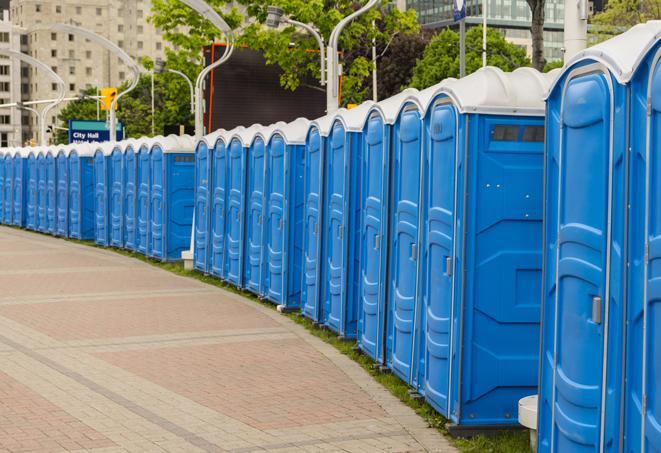 a line of portable restrooms set up for a wedding or special event, ensuring guests have access to comfortable and clean facilities throughout the duration of the celebration in Chandler, AZ